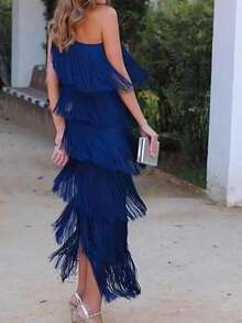 Long Asymmetrical Off-The-Shoulder Formal Dress With Fringe, New 2026 Collection For Women - 藍色 - 查看 4