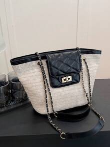 New Straw Shoulder Bag With Chain Strap Tote Bag, European And American Versatile Beach Bucket Bag, Contrast Color Patchwork Rhombus Small Bag (Adjustable Chain Strap, Zipper Closure Small Bag) - Black - View 8
