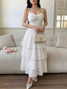 Vestido de verano de mujer elegante con camisola de volantes y capas, para vacaciones - Blanco - Ver 1