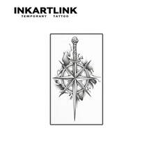2张INKARTLINK指南针火焰剑图案临时纹身贴纸，防水人体彩绘纹身，持久1-2周，果汁纹身贴纸，男女通用，派对必备 - 黑色 - 查看 3