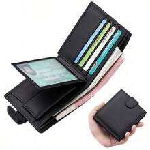 Unisex Solid Color Genuine Leather Wallet, Multi-Function Card Holder, Tri-Fold Credit Card Case With Snap Button And Zipper Coin Purse - Black - View 12