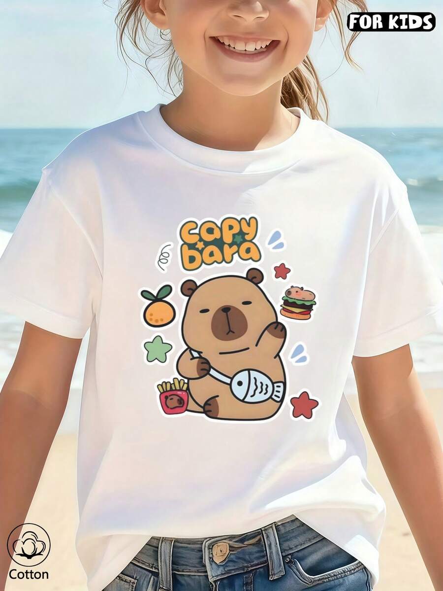 Mädchen T-Shirt aus 100% Baumwolle mit Kurzarm, süßes Cartoon Bären Design, geeignet für Frühling und Sommer, personalisierbar, Baumwolle, Sommer, Winter, Feiertage, Eid, Juni Festival, Party, Hochzeit, Strand, Abschluss, Outdoor - Weiss - Übersicht 1