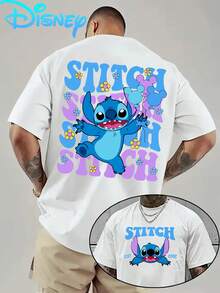 1 Disney Men's T-Shirt, Disney Stitch Print T-Shirt With Double-Sided Print On The Front And Back, Cute Short-Sleeved T-Shirt With Crew Neck, Casual Comfort T-Shirt, Breathable And Lightweight, Suitable For Sports And Leisure Wear, Spring And Summer T-Shirt, Suitable As A Gift. - 白色 - 查看 6