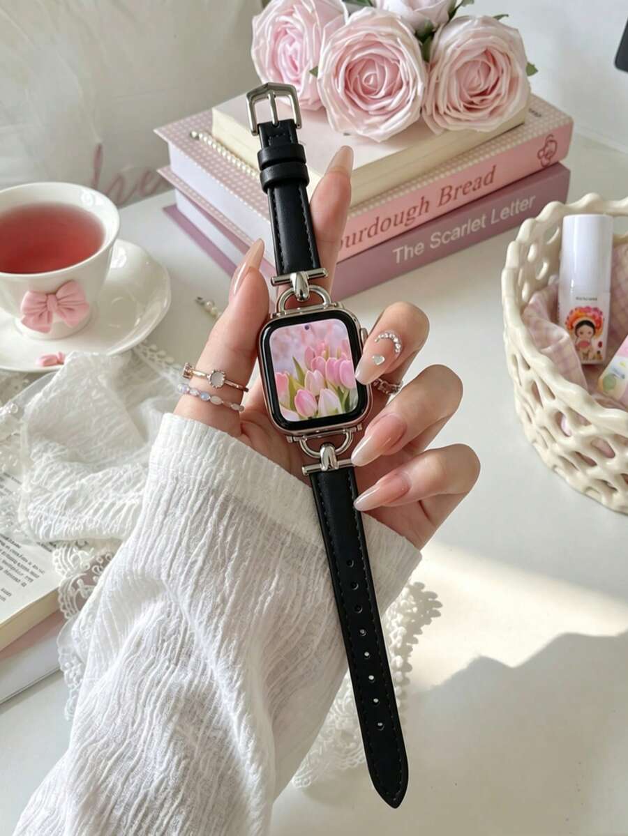 1件薄款女用PU皮革環形錶帶，適用於Apple Watch 38mm 40mm 41mm 42mm 44mm 45mm 46mm 49mm Series Ultra 11/10/9/8/7/6/5/4/3 SE - 黑色 - 查看 1