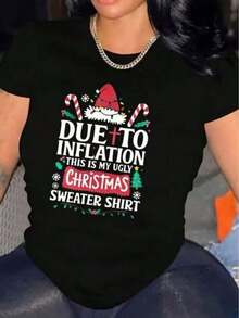 Ropa de Mujer a la Moda, Camiseta Casual de Manga Corta con Estampado Divertido de Frases Navideñas, Ropa Casual Diaria, Deportiva y Festiva para Mujer - Blanco - Ver 1