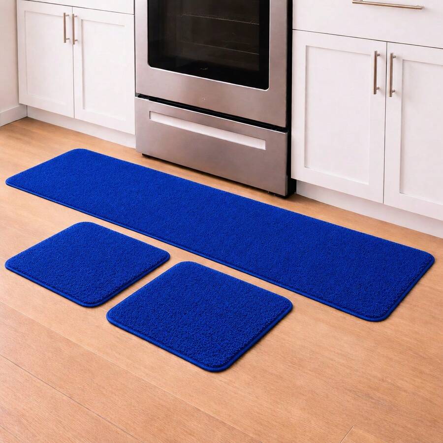 Set Of 3 Non-Slip Kitchen Mats, Low Pile, Washable - Royal Blue - View 1