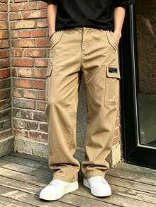 Modcrash Men's Solid Color Flap Pocket Side Buckle Waist Casual Cargo Pants, Daily Wear, Spring Versatile, Minimalist Men's Street Style Cargo Pants - Khaki - View 7
