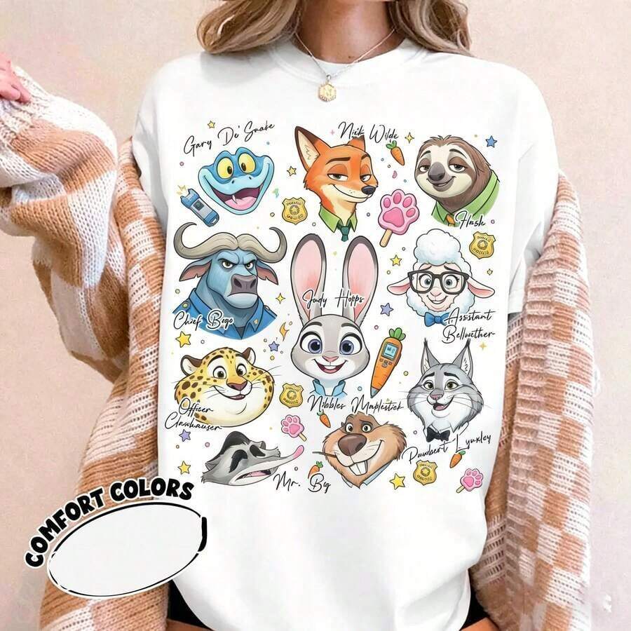 Disney Zootopia Characters Signature Sketch Shirt, Judy Hopps Nick Wilde Zotropolis Family Matching Tee, WDW Disneyland Trip Disney Oversized T-Shirt - 白色 - 查看 1