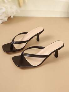 Sandal nữ size lớn mùa hè mới, da mềm, mũi vuông, quai xỏ ngón, gót kitten heel, quai mảnh, đa năng, kiểu dép xỏ ngón - màu đen - Xem 3