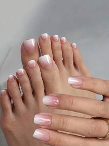 2-In-1 Nail Art Stickers, 24pcs French Ombre Pink Fake Nails For Hands & 24pcs For Feet, Peel And Stick Design - Multicolor - View 1