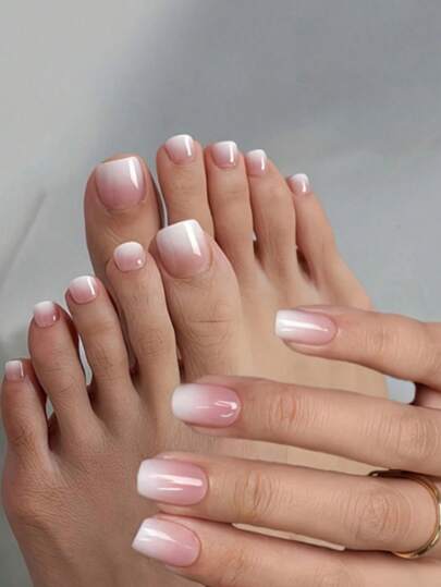 2 Hộp Miếng Dán Móng Tay Nữ, 24 Móng Tay & 24 Móng Chân Kiểu Pháp Ombre Hồng, 2 Chai Gel Dạng Thạch, 2 Giũa Móng, Phụ Kiện Miếng Dán Móng