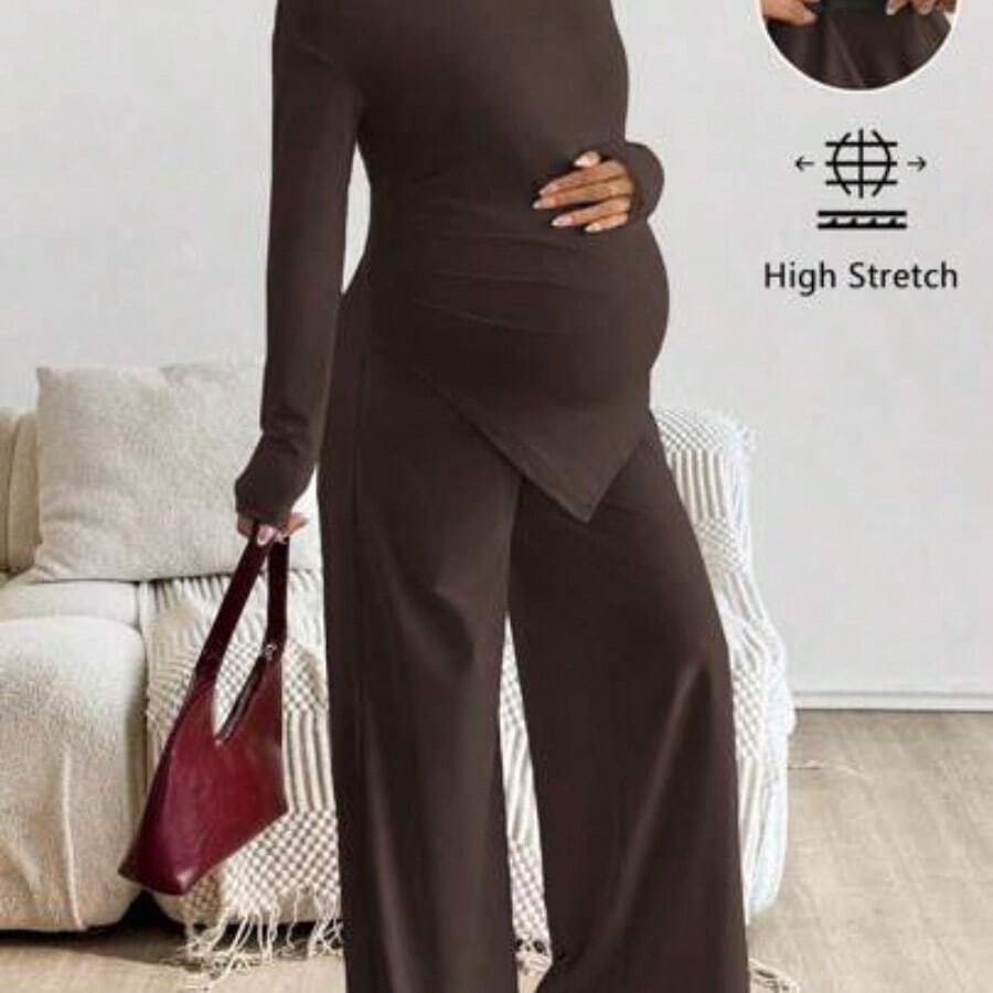 2 piezas Conjunto casual de maternidad con top asimétrico y pantalones de color sólido, conjunto de maternidad de 2 piezas para mujer embarazada, ropa de posparto, ropa de embarazo - Marrón - Ver 1