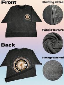 Black Vintage-Style T-Shirt, Loose Fit And Printed Design, Unisex, Combined With Luxurious Vintage 12 Phantom AJ12 Sneakers In Metallic Gold. - 白色 - 查看 5