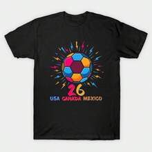 Herren schwarzes T-Shirt mit buntem Fußballmotiv USA Kanada Mexiko 26. Fußball-Weltmeisterschaft 2026, Aufdruck auf Papier ohne Beschnitt, Baumwoll-T-Shirt - Schwarz - Übersicht 1
