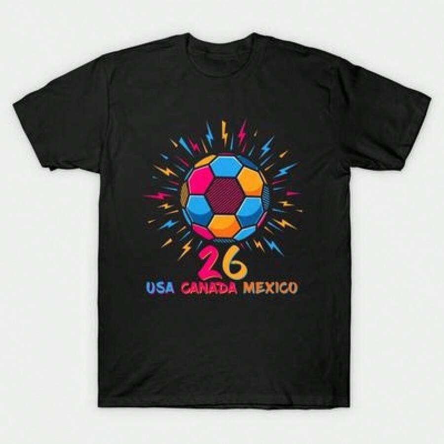 Herren schwarzes T-Shirt mit buntem Fußballmotiv USA Kanada Mexiko 26. Fußball-Weltmeisterschaft 2026, Aufdruck auf Papier ohne Beschnitt, Baumwoll-T-Shirt - Schwarz - Übersicht 1
