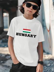 Classic Casual T-Shirt For Boys With Hungarian Flag Graphic | Children's Clothing Ages 5-13, Crew Neck, Regular Sleeve, All Seasons, Slightly Stretchy Fabric - 白色 - 查看 12