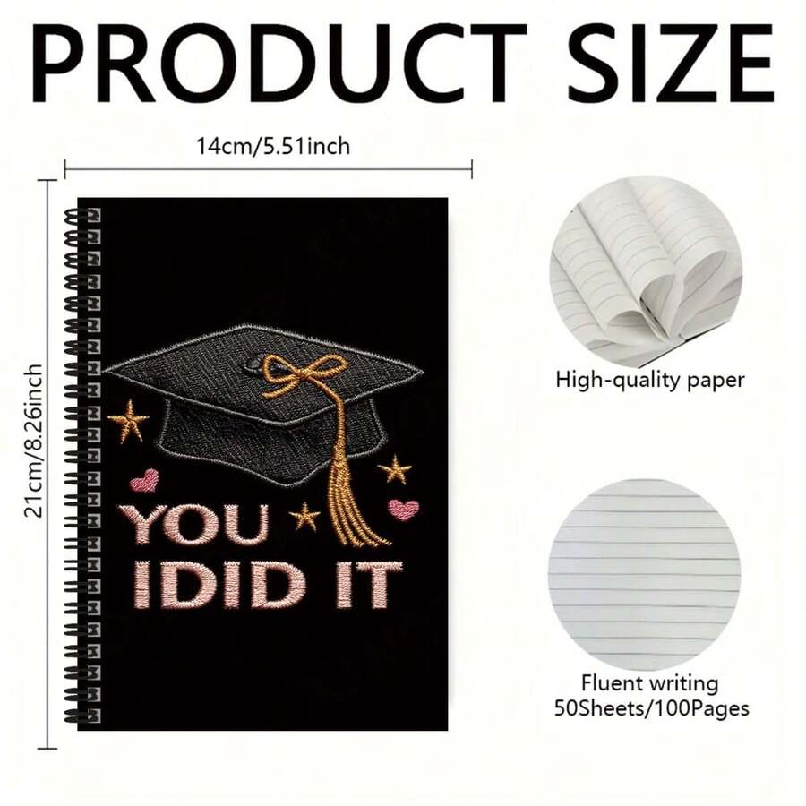 1pc Graduation Season Exclusive Embroidered Spiral Notebook, Embroidered With Graduation Cap, Stars And Hearts, Paired With "YOU DID IT" Inspirational Phrase. 100-Page High Capacity, Suitable For Work Records, Study Notes, Diary Writing, Daily Planning, Also A Thoughtful Gift For Birthday Or Graduation. - H - View 1