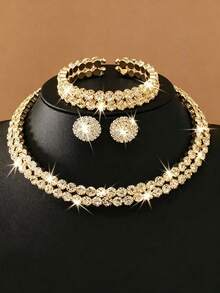 4-Piece/Set Gorgeous Double-Row Full Rhinestone Bridal Jewelry Set, Necklace, Earrings, Bracelet Four-Piece Set For Weddings, Parties, And Prom - Silver - View 9
