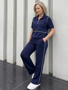 Conjunto de top de manga corta y pantalones con ribete de contraste para mujeres de edad media y mayores - Azul - Ver 5