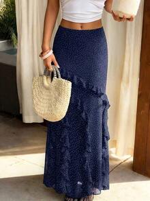 Vestido de verano para mujer Vellofy, hecho de tela ligera, transpirable y cómoda, con diseño de volantes en el bajo y decoración con estampado de lunares - Azul marino - Ver 12