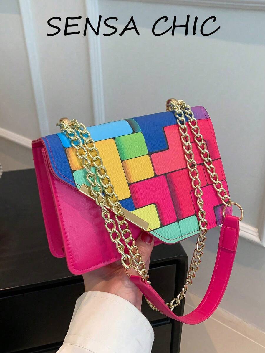 Mini Fashionable Plaid Patchwork Crossbody Bag, Metal Chain Strap Square Shoulder Bag Suitable For Shopping - Hot Pink - View 1
