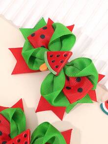 2pcs Watermelon Theme Hair Clips, Red & Green Satin Hair Clips, Summer Hair Accessories - Birthday Party & Daily Outfit, Suitable For Party Gifts, Summer Essential, Vacation Style - Multicolor - View 4