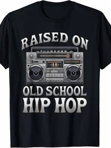 Camiseta retro de hip hop - Camiseta gr£fica de casete de grafiti "RAISED ON OLD SCHOOL" con cuello redondo, camiseta vintage de msica rap apta para uso, ropa urbana lavable a m£quina para conciertos y atuendos casuales - Negro - Ver 2