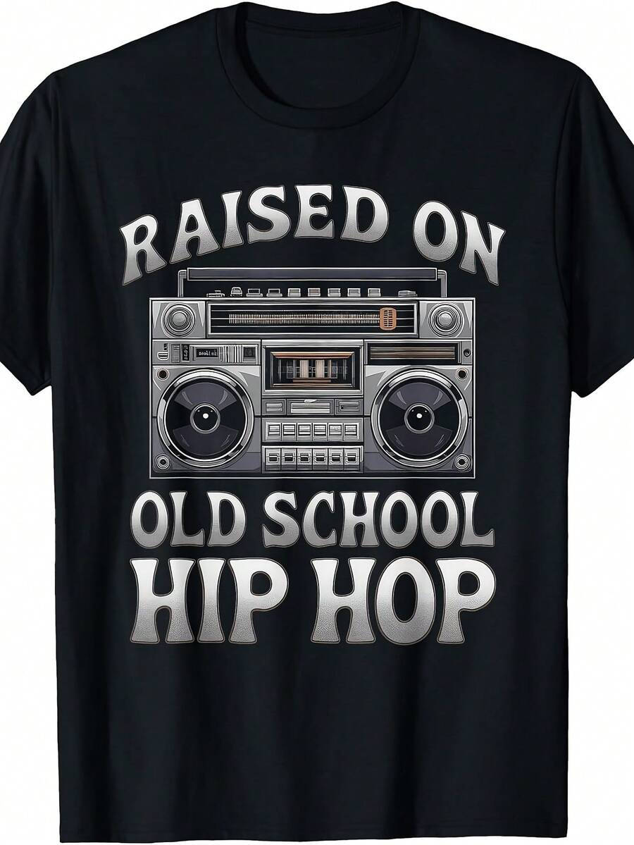 Camiseta retro de hip hop - Camiseta gr£fica de casete de grafiti "RAISED ON OLD SCHOOL" con cuello redondo, camiseta vintage de m￺sica rap apta para uso, ropa urbana lavable a m£quina para conciertos y atuendos casuales