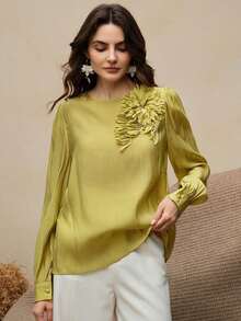 Top de manga larga con cuello redondo y decoración de flores 3D para mujer, para el verano - Verde - Ver 3