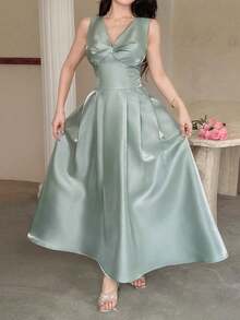 Vestido de mujer de unicolor con cuello en V y sin mangas, elegante para primavera y verano - verde menta - Ver 7