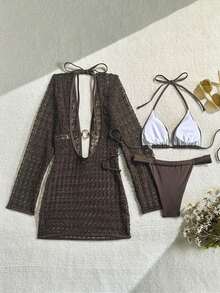 Conjunto de bikini de atar elegante y vintage de color marrón sólido para mujer, ideal para vacaciones y casual. Vestido con textura como cubierta de traje de baño, traje de baño para playa en primavera/verano - Café integral - Ver 7