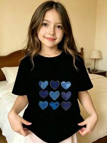 Diseño de Estampado con Patrón de Corazones Azules Camiseta estampada para niños - Negro - Ver 7