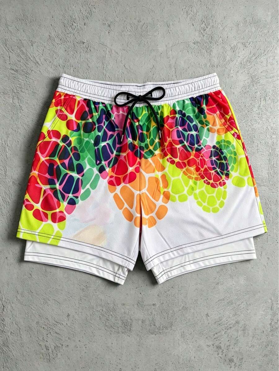 Strevion TEENAGE MUTANT NINJA TURTLES | SHEIN Men's Cartoon Print Double Layer Beach Shorts, Suitable For Vacation, Casual And Daily Wear - White - View 1