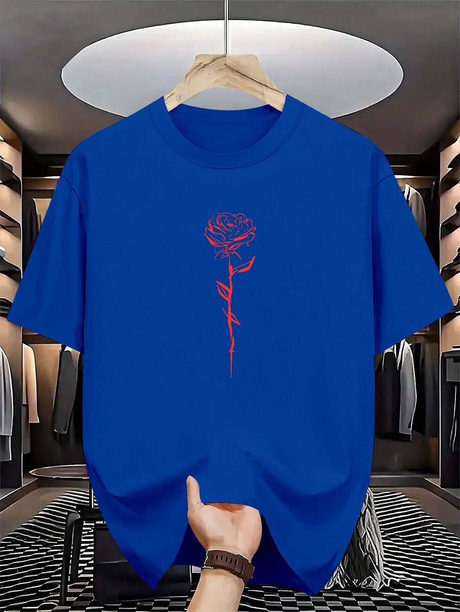 Men's Short Sleeve Crew Neck Summer T-Shirt - Casual And Sporty Layering Base Layer Shirt With Geometric Rose Print, Breathable For Warm Weather, Machine Washable, Casual Outdoor Wear Suitable For Casual Outfits And Layering - 黑色 - 查看 1