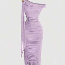 . .  MOD Vestido de longitud media ajustado con cuello asimétrico y volantes con estampado floral elegante para mujer - Lila Púrpura - Ver 1