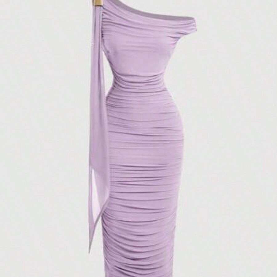 . . MOD Vestido de longitud media ajustado con cuello asimétrico y volantes con estampado floral elegante para mujer - Lila Púrpura - Ver 1