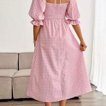 Vestido casual versátil de cuello cuadrado con estampado a cuadros para maternidad - Azul y blanco - Ver 3