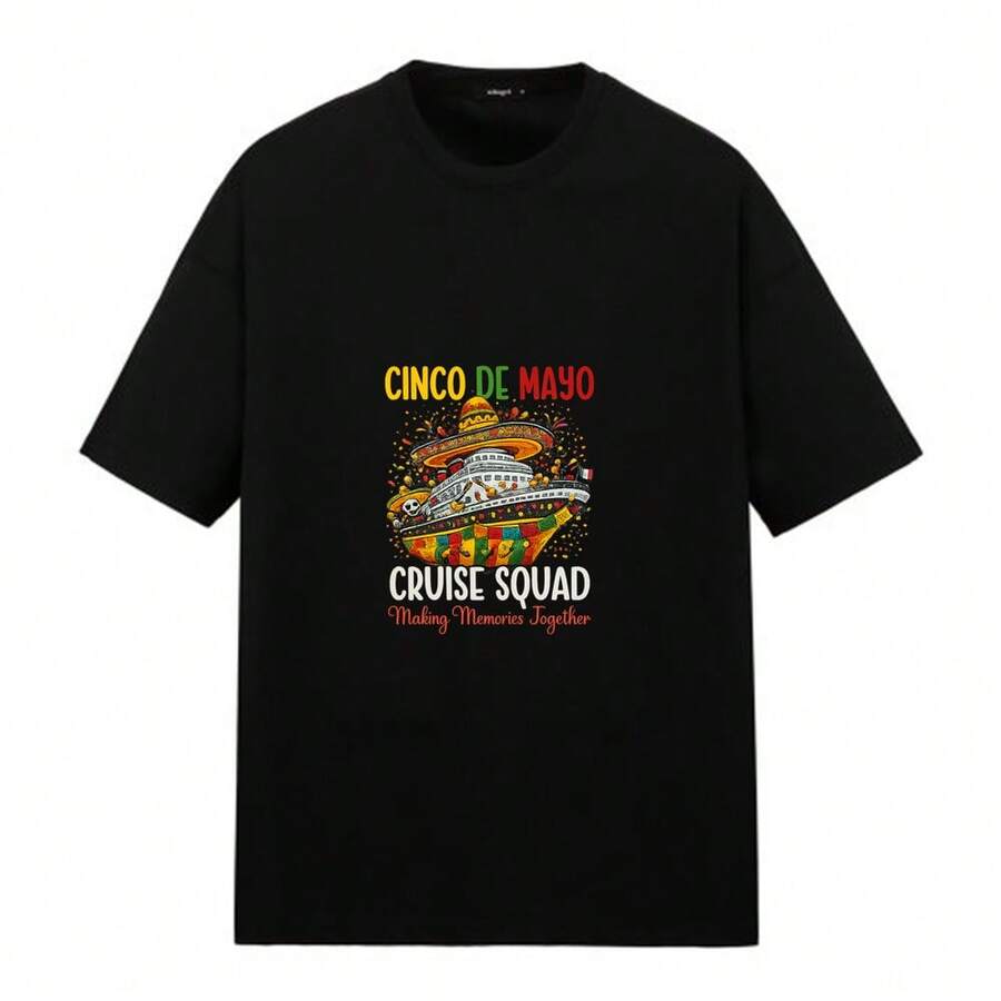 Short-Sleeved T-Shirt With Boat Print And Party Hat, Ideal For Use On Cruises, Celebrations, Parties, Holidays, Beach Trips, Regular Fit, Casual Style, Comfortable And Breathable. - 黑色 - 查看 1