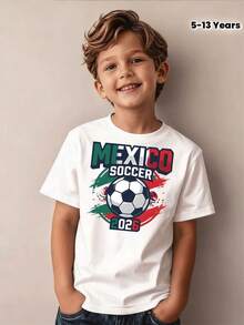 Mexico Football 2026 Graphic Soccer Jersey For Boys, Casual Sportswear, Children's Clothing For Ages 5-13, Everyday Outfit - 酒紅色 - 查看 8