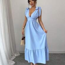 Vestido de cuello en V sin mangas con cintura ajustable con cordón, color azul, adecuado para primavera/verano - Rosa Fucsia - Ver 4