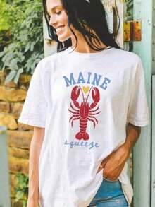 Women's Cotton T-Shirt, 1 Piece By MAINE LOBSTER. | Maine Squeeze Valentine's Day Gift | Popular Fisherman's Lobster Design T-Shirt | New England Lobster T-Shirt | Oversized Retro Tees, 100% Cotton, Designs Are Printed. Unisex. Basic Women's Shirt - 白色的 - 查看 6