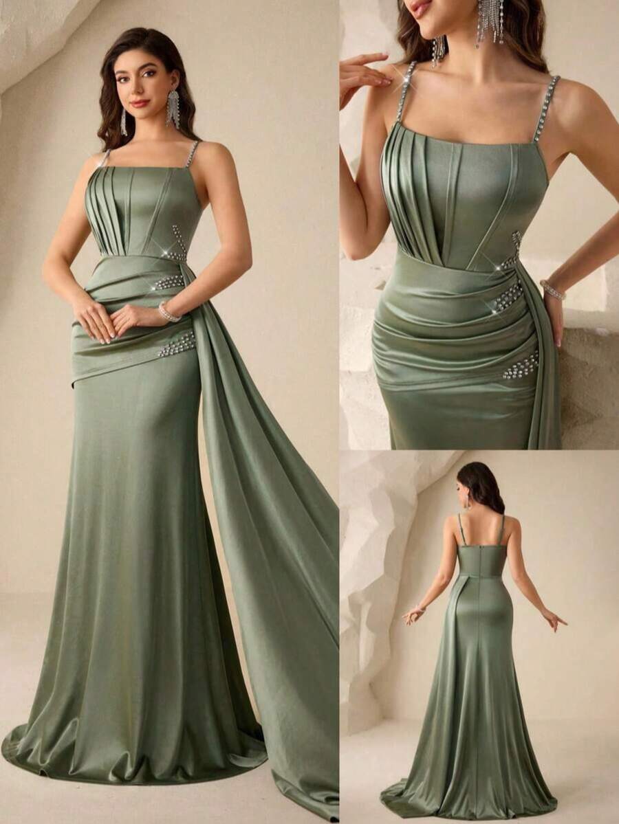 Đầm dạ hội dáng đuôi cá bằng satin với dây đeo mảnh và ruy băng đính cườm, kiểu dáng sang trọng thắt eo, giúp tôn dáng và kéo dài vóc dáng, thích hợp cho tiệc tối trang trọng với phần đuôi dài thướt tha. - Màu xanh Ô liu - Xem 1