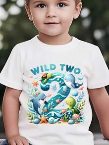 Fashionable 'Wild Two' Short-Sleeved T-Shirt For Children From The 'Birthday Series' Featuring Cartoon Prints Of Marine Animals Such As Dolphins, Turtles, Octopuses, Seahorses, Starfish And Shells, Suitable For Casual Outdoor Wear NY-DX9479 - 白色 - 查看 6