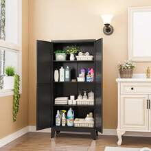 Metal Storage Cabinet With 2 Doors And 3 Adjustable Shelves, Black Kitchen Pantry For Food, Utility Cabinet For Laundry Room, Cupboard - Black - View 6