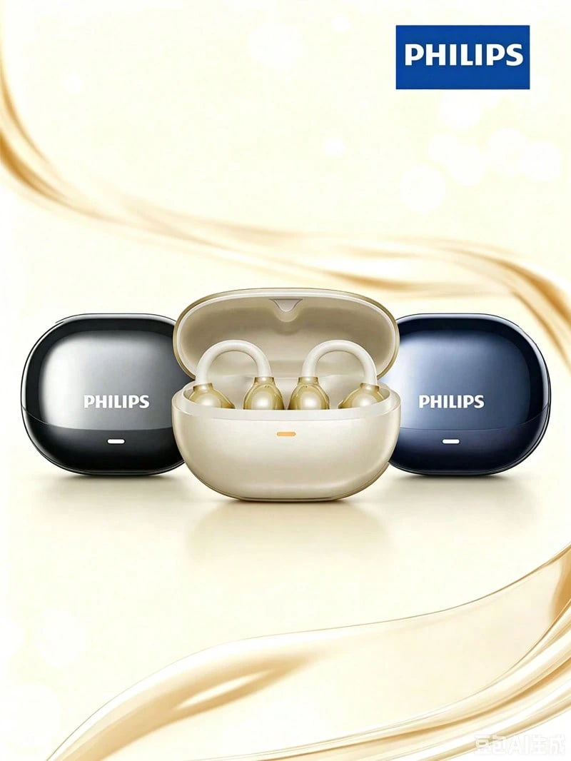 PHILIPS سماعات أذن بلوتوث TAT3469، تصميم مفتوح الأذن لاسلكي بمشبك أذن، إلغاء الضوضاء بالذكاء الاصطناعي لمكالمات واضحة جداً، صوت بانورامي 360° + تصميم حلقة منحنية ثلاثية الأبعاد، ملاءمة آمنة للرياضة والاستخدامات المتعددة - مشاهدة 1