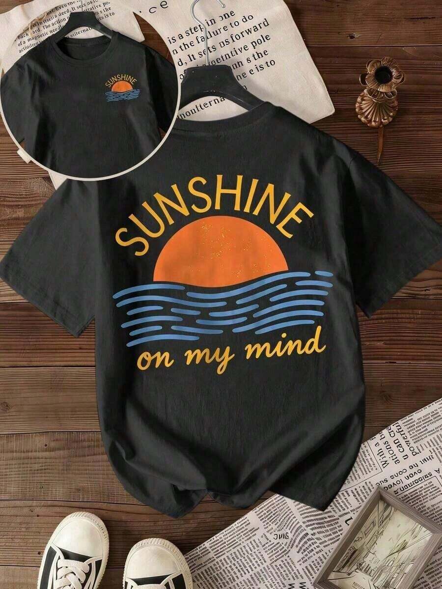 Impressive Slogan "You're Amazing, Beautiful, And Unique Enough To Remember It." Women's Letter Print Crew Neck T-Shirt - Urban Vintage Style, Unisex, Loose Fit, Cotton, Short Sleeves, Crew Neck. Blouses For Women. Casual Blouses For Ladies. - 黑色 3 - 查看 1