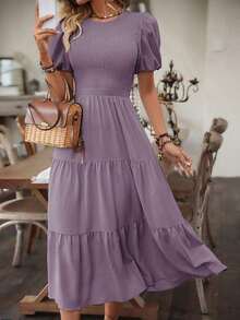 Vestido largo envolvente de mangas abullonadas de unicolor para mujer, atuendo de playa y vacaciones - Albaricoque - Ver 10