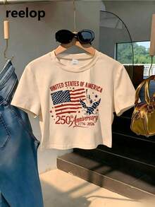 4th Of July Outfit WomenUSA 250th AnniversaryCommemorative Print Women's InspiredT-Shirt Short RoundNeckTopWhite LightweightY2K Short Sleeve Round Nec - 杏色 - 查看 1