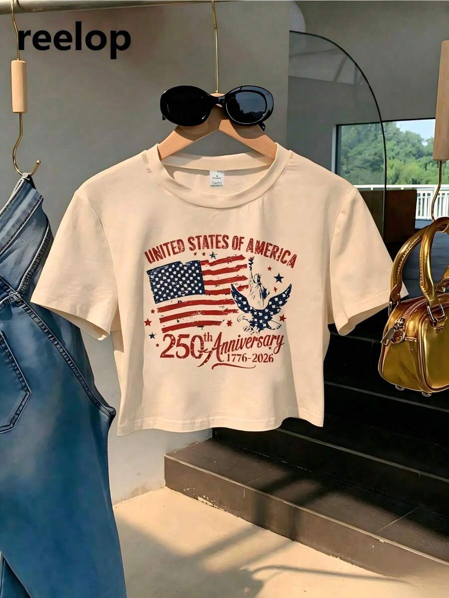 4th Of July Outfit WomenUSA 250th AnniversaryCommemorative Print Women's InspiredT-Shirt Short RoundNeckTopWhite LightweightY2K Short Sleeve Round Nec - 杏色 - 查看 1