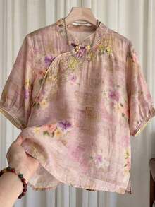 Regalo para mamá Blusa de estilo chino con flores de verano, elegante blusa bordada de manga corta para vacaciones, uso diario y reuniones familiares - Morado - Ver 5